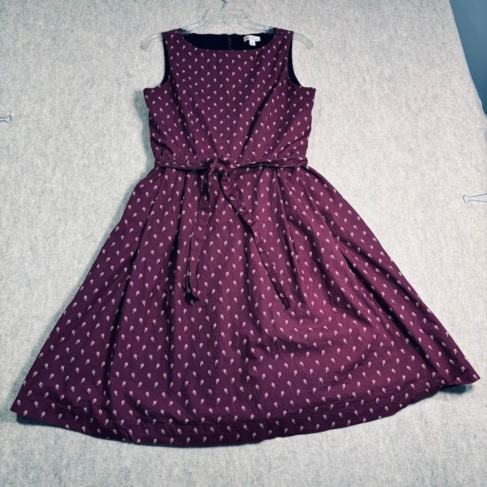 L.L. Bean Signature Dress Womens 6 Burgundy Cotton Fit Flare Belted Preppy Chic